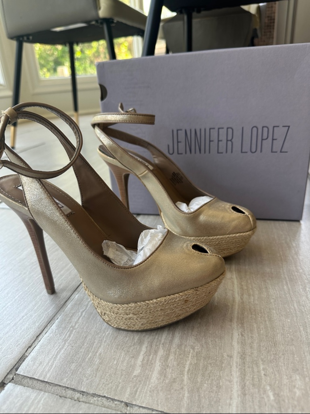 Jennifer Lopez Gold Ankle-Strap Peep-Toe Platform Sandals